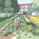 A rendering of a park area with people working in a garden.