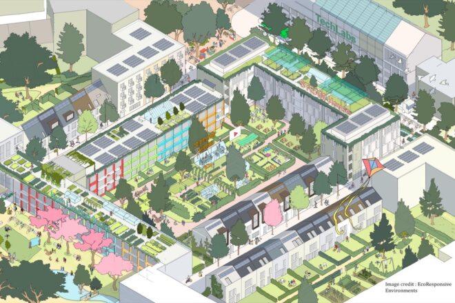 A bird's-eye view rendering of a park area.