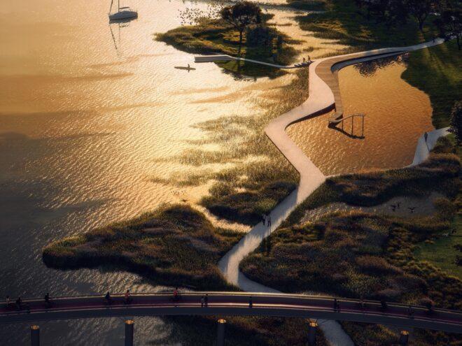 rendering of pathways over wetlands and park grounds