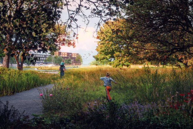 rendering of family playing in a lush park