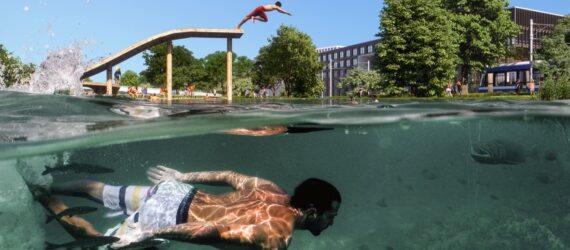 rendering of person swimming in lake at a park