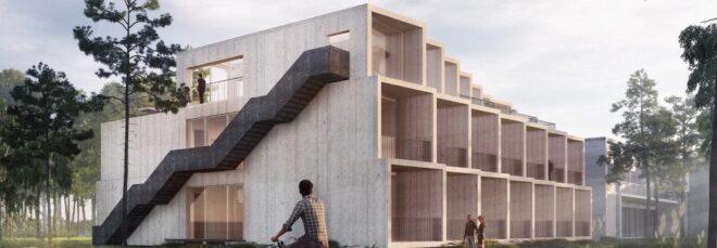 rendering of multistory wooden hotel
