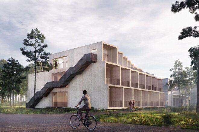 rendering of multistory wooden hotel