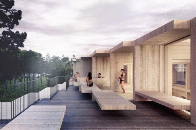 rendering of wooden rooftop spa