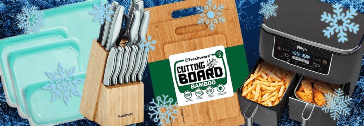 Stasher bags, knife set, bamboo cutting boards and air fryer collage with snowflakes
