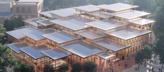 rendering of glass building with staggered flat roofs covered in solar panels