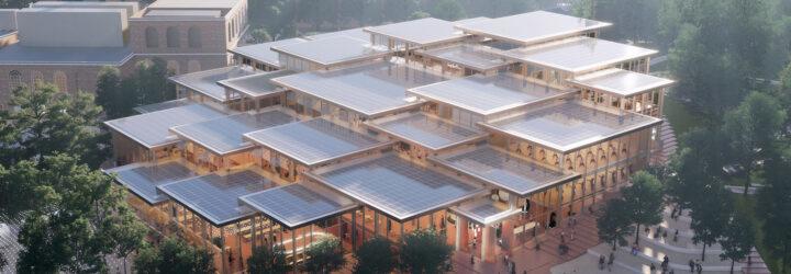 rendering of glass building with staggered flat roofs covered in solar panels