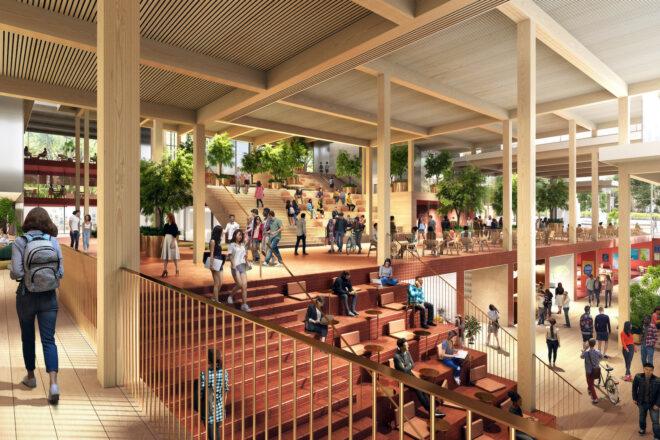 rendering of students sitting on stepped seats next to a staircase