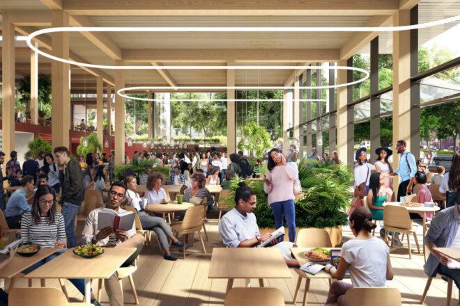 rendering of people eating at wood tables in plant-filled cafeteria