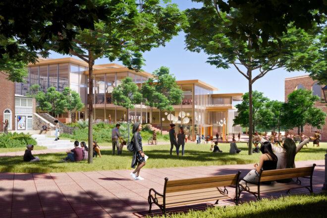 rendering of people walking in park near glass building