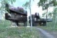 rendering of curving, dark-timber buildings