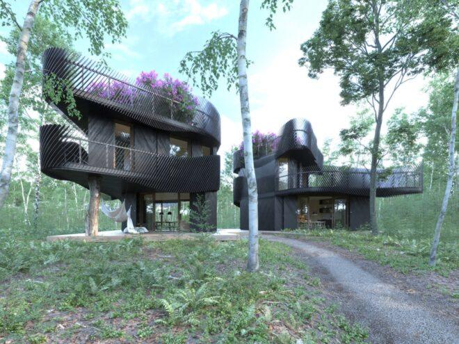 rendering of curving, dark-timber buildings