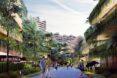 rendering of people walking in courtyard between timber buildings