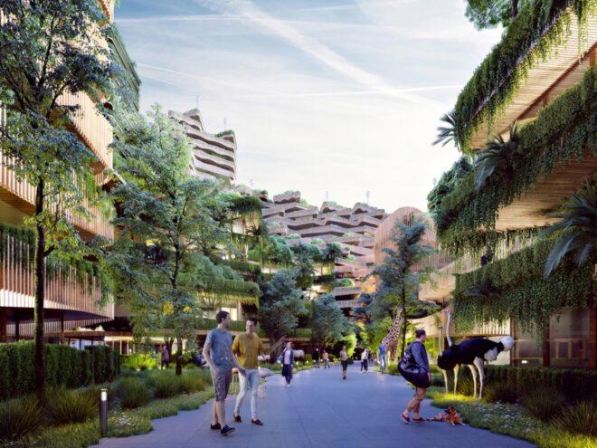 rendering of people walking in courtyard between timber buildings