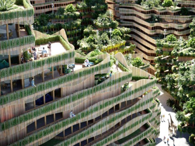 rendering of plants growing on sides of timber building