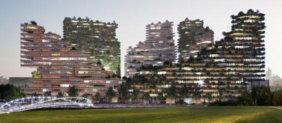 rendering of tall timber buildings covered in plants