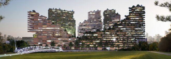 rendering of tall timber buildings covered in plants
