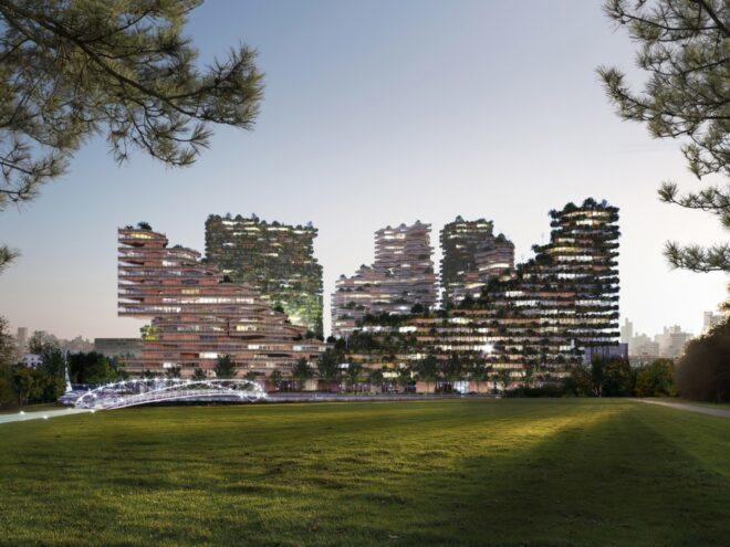 rendering of tall timber buildings covered in plants