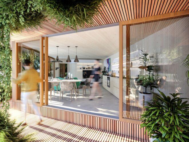 rendering of modern apartment opening up to wooden outdoor balcony