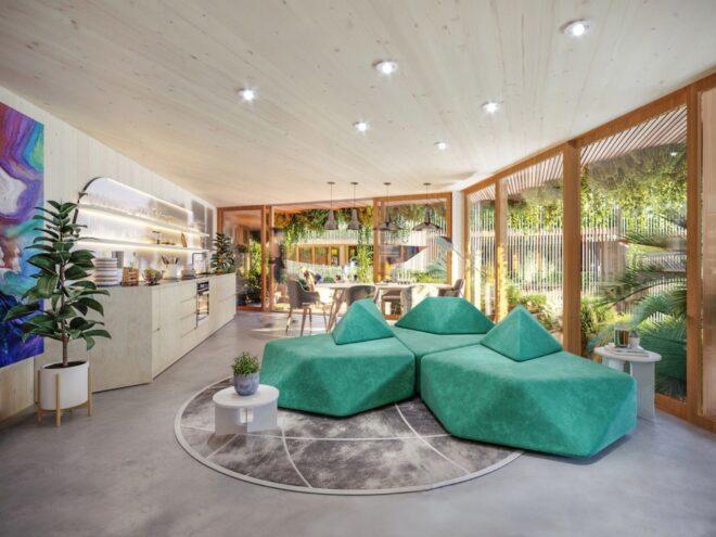 rendering of large, geometric, green sofa in a modern apartment