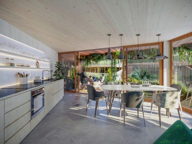 rendering of white dining table across from kitchen with light wood cabinets