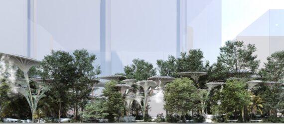rendering of tall structures among trees in a city