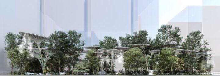 rendering of tall structures among trees in a city