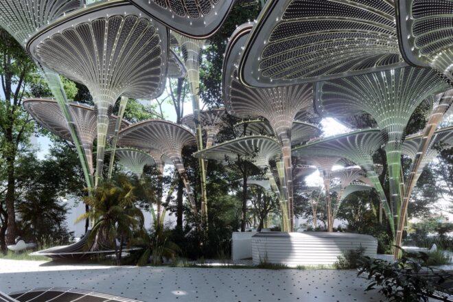 rendering of walkway beneath large structures providing shade
