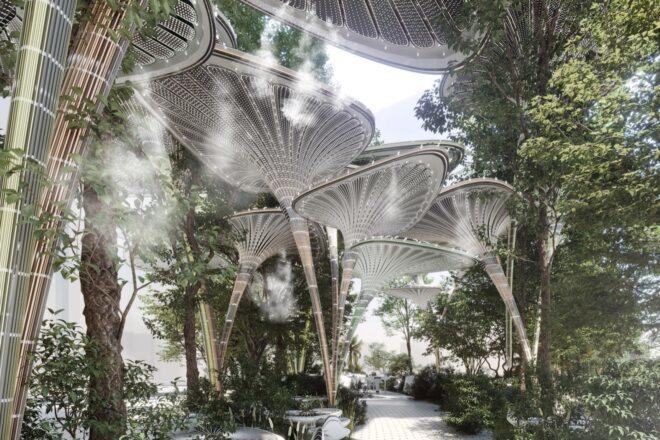 rendering of walkway winding beneath several tall shade-providing structures