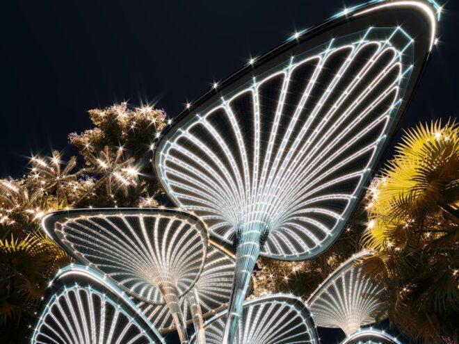 closeup rendering of lights along tall structures
