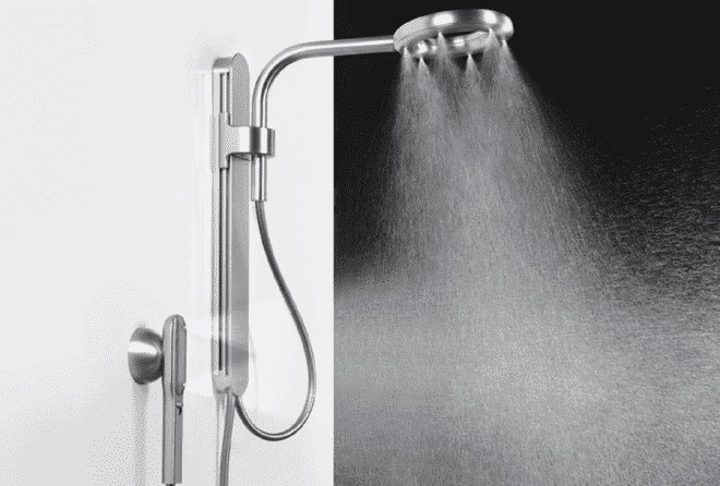 A silver showerhead.