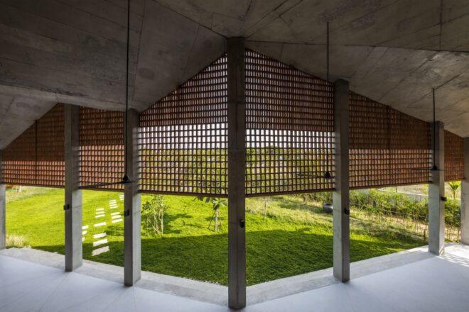 covered patio with partial brick walls