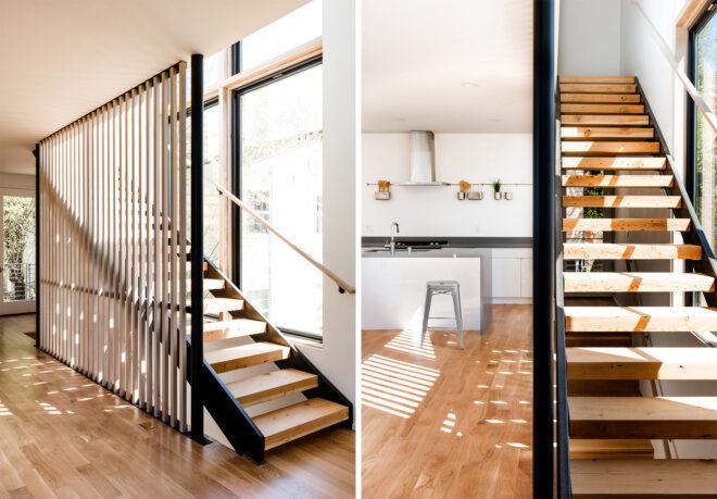 Two images showing various angles of a wood staircase.