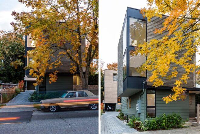 Two images: to the left, a streetview of a tall home with a wood panel facade and large windows. A yellow tree and old brown car are in front of the home. To the right, an image of the same home from a side angle, showing another townhome behind it.