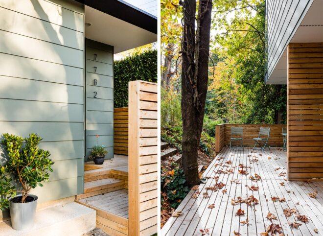 Two images: to the left, a muted, light green color house with the numbers 7782 on the side. To the right, a wood patio area surrounded by trees.