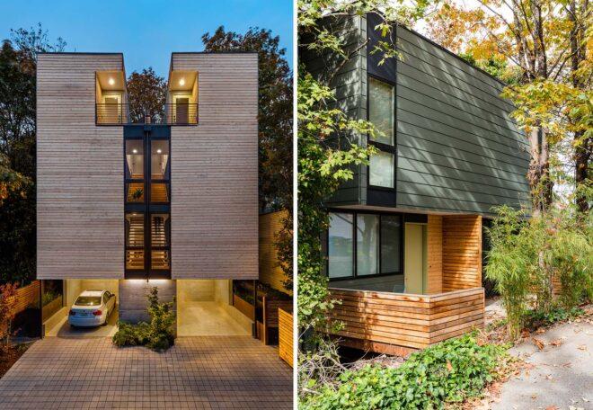 Two images: to the left, a tall townhome with a garage on the ground floor. The building is split in to by a stairwell that can be seen through large windows. To the right, an entrance to the home partially obscured by greenery.