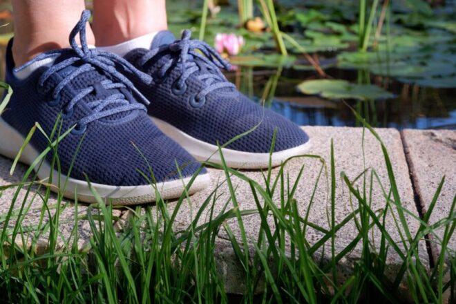 Blue shoes partially obscured by green grass.
