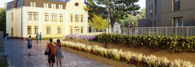 rendering of people walking on path near garden