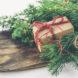 Greenery and a brown paper packaged tied up with red string sit atop a wood board.