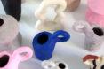 blue, tan and pink sculptural vases
