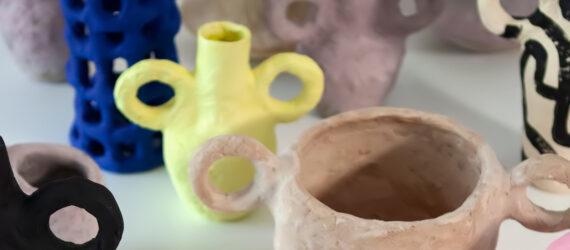 close-up of yellow and tan vases