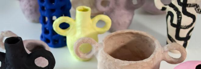close-up of yellow and tan vases