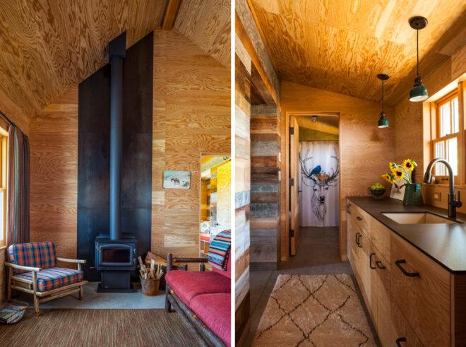 On the left, wood-burning stove in a living room. On the right, narrow kitchen with wood cabinets, walls, floors and ceilings