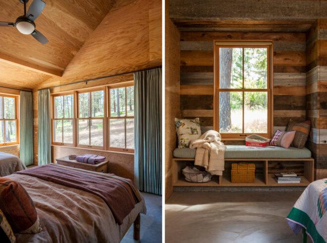 On the left, bed in room with large windows. On right, windows seat covered in pillows and stuffed animals.