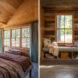 On the left, bed in room with large windows. On right, windows seat covered in pillows and stuffed animals.