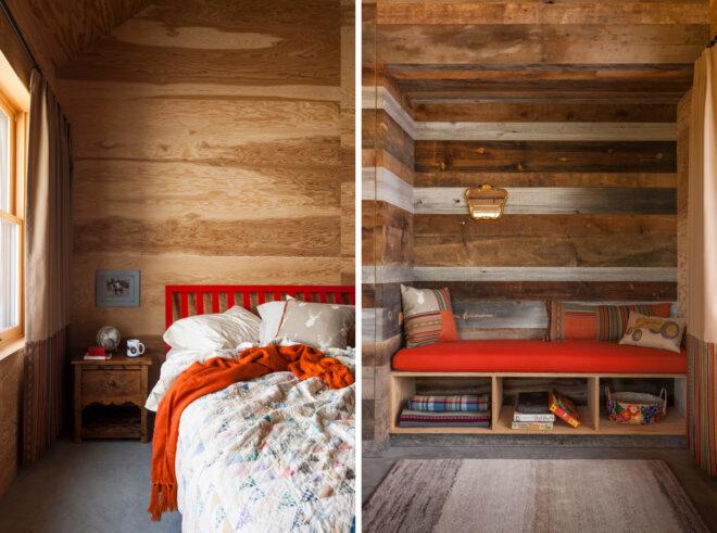 On the left, orange and white bed near windows. On the right, orange bench built into wall.