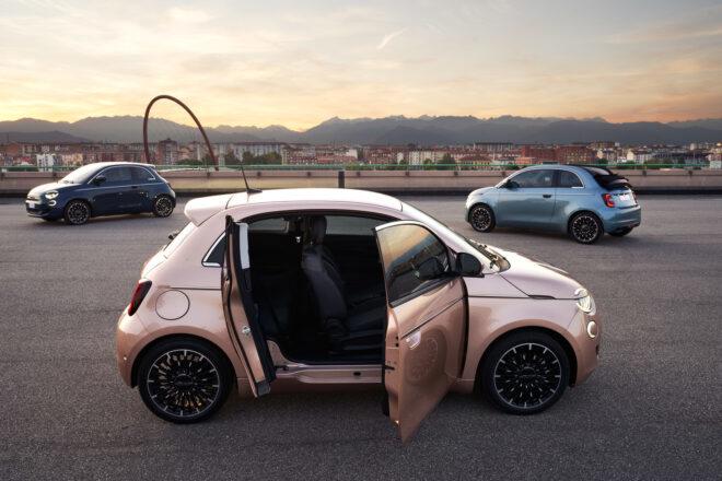 rose gold Fiat with three doors opened