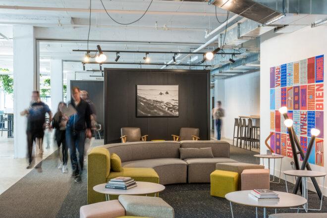 office with gray and yellow sofa