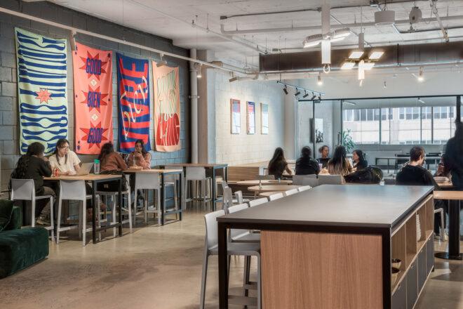 dining area with gray and wood furniture