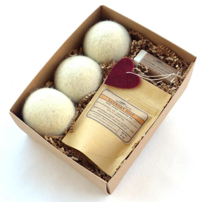 wool dryer balls and eco-friendly laundry soap in gift box